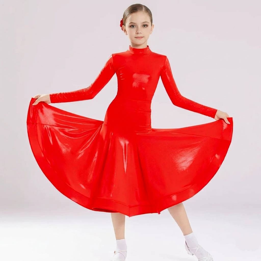 Girls Shiny Red Latin Ballroom Dance Dress Professional Long Sleeve Waltz Tango Dance Gown