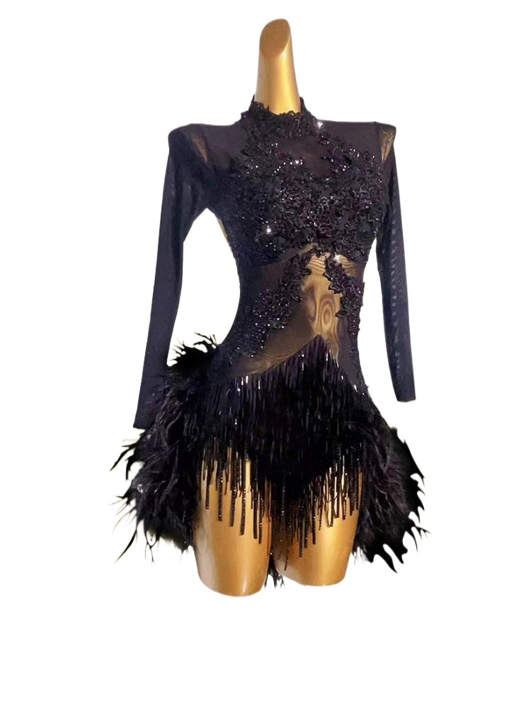 Custom Size Competition Latin Dance Dresses for Women Girls Feather Blue Black Salsa Rumba Chacha Dance Costumes
