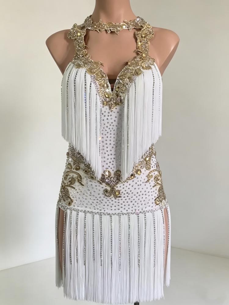Custom Gold Crystal Orange Competition Latin Dance Dress with Fringe