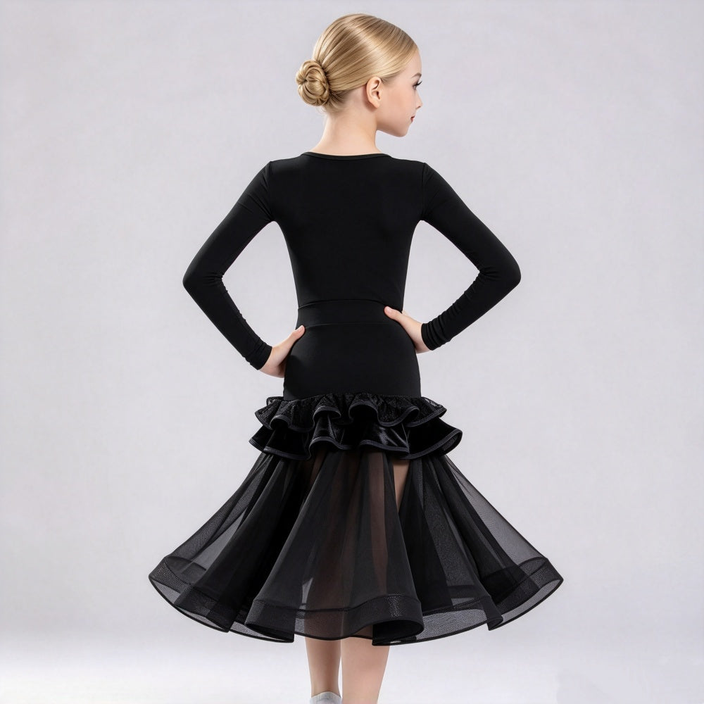 Girls Black Latin Ballroom Dance Dress Long Sleeve - Kids Ballroom & Salsa Competition Costume