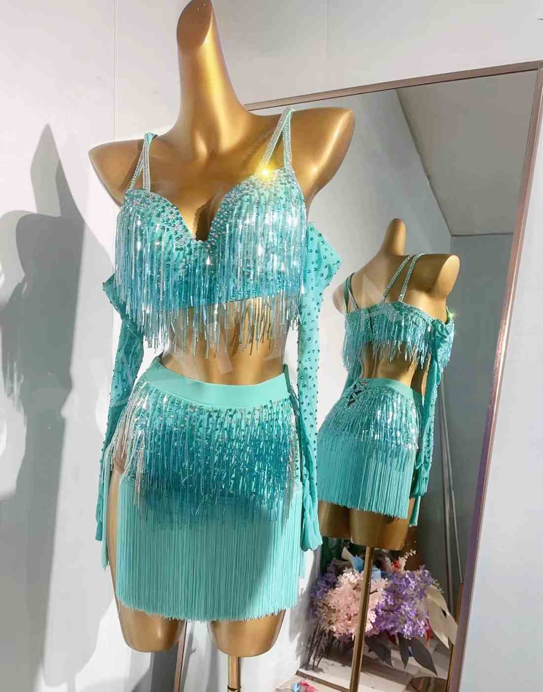 Custom Size Women's Latin Dance Dress Blue Orange Stones Fringe Skirts Salsa Competition Latin Performance