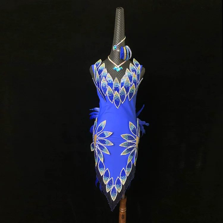 Custom Size Royal Blue Feather Latin Dance Dress - Luxury Rhinestone Petals Competition Outfit