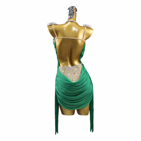 Green Latin Dance Competition Dresses for Women Girls Handmade Salsa Rumba Chacha Professional Dance Performance Tassel Skirt