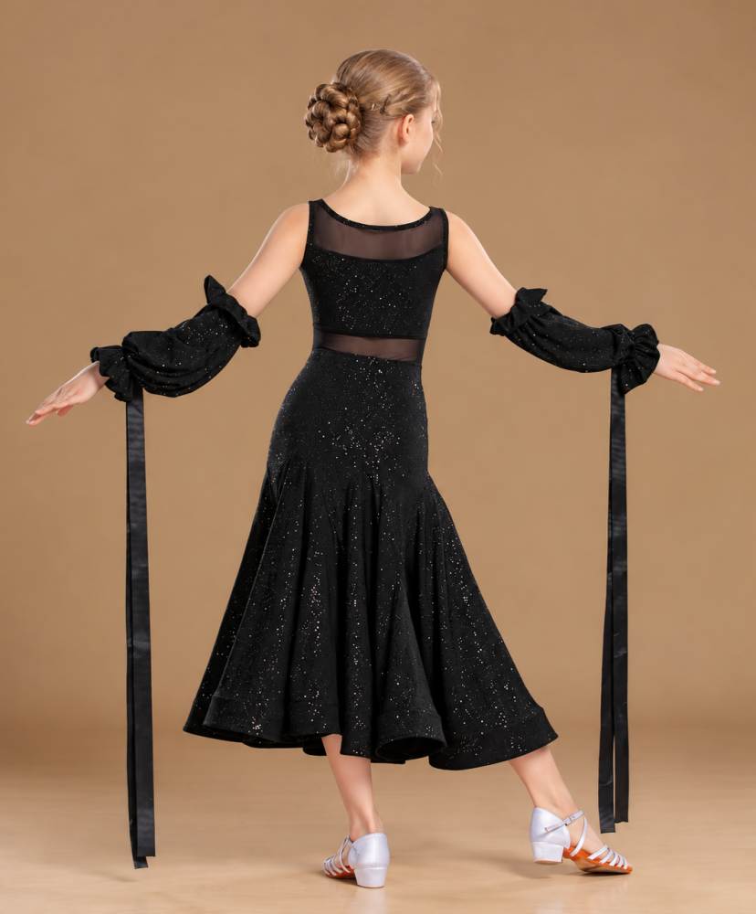 Girls Sparkly Black Ballroom Dance Dress - Mesh Cutout Costume