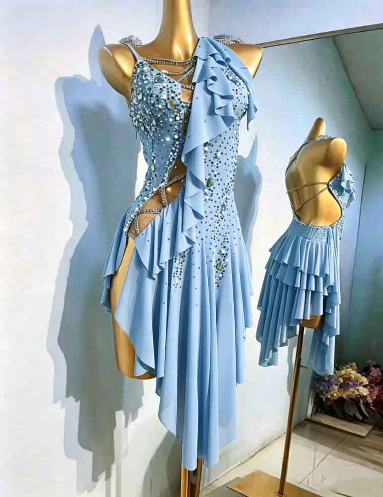 Custom Size Light blue Ruffles Competition Latin Dance Dress Flowy Salsa Chacha Dance Costumes