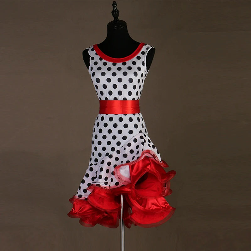 Red hot pink polka dot Latin dress for women girls  sexy three-step professional latin rumba chacha performance dress customizable for children - Moderndancedress.com