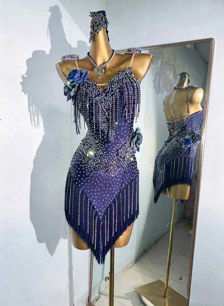 Custom Navy Flower Fringe Competition Latin Dress Bling Salsa Chacha Dance Costumes