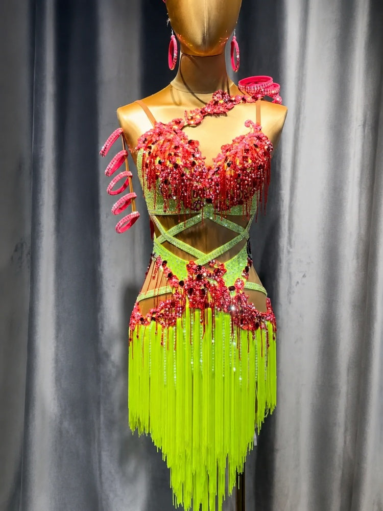 Custom Neon Yellow & Pink Rhinestone Latin Dance Dress with Fringe