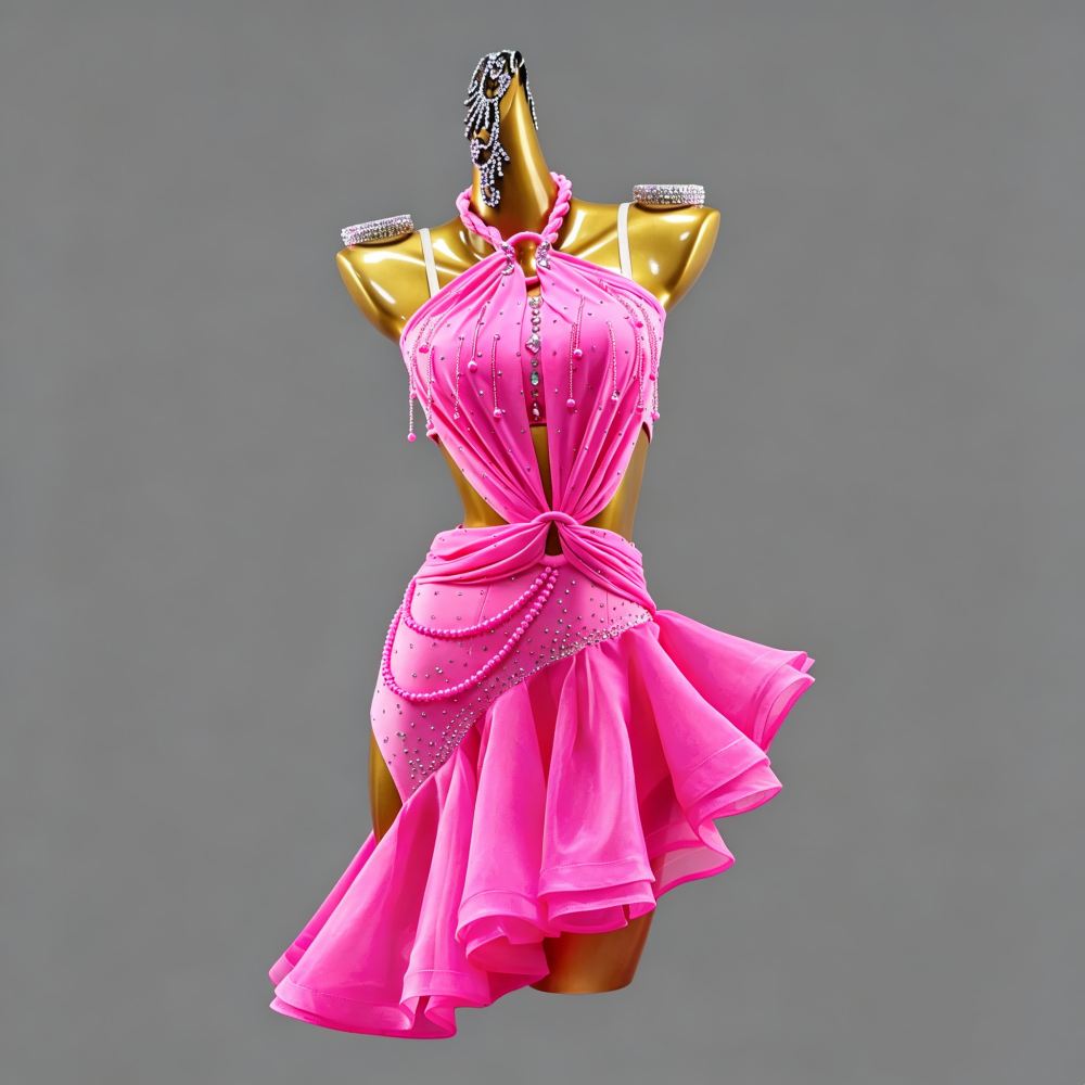 Custom Size Fuchsia Competition Latin Dress for Girls Halter Neck Salsa Blackpool Dance Wear