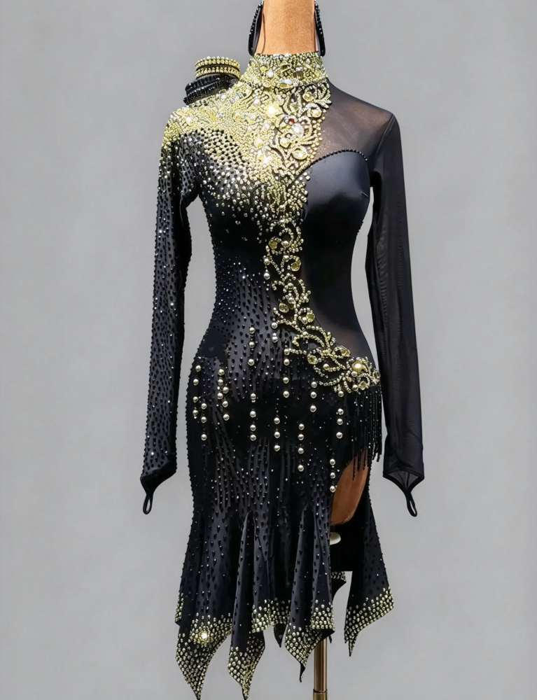 Custom Black & Gold Latin Dance Dress with Pearls Emerald Green Salsa Dance Costume