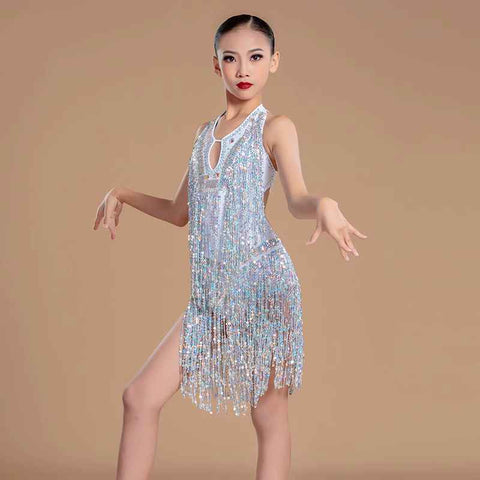 Latin Dance Dresses for Girls Silver Red Purple Sequin Fringe Latin Salsa Chacha Ballroom Performance Costumes for Children - Moderndancedress.com