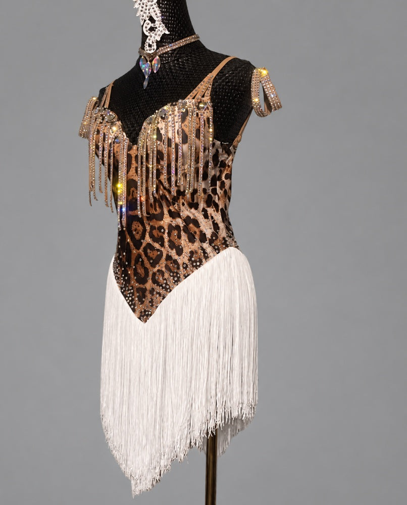 Custom Leopard with White Latin Dance Competition Dresses with Bling Fringe