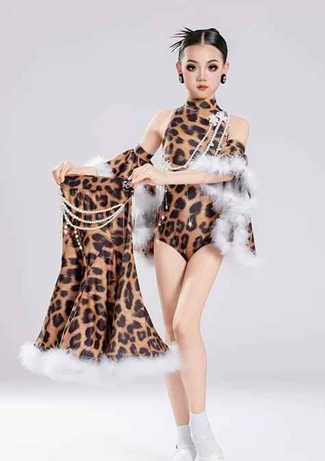 Girls Leopard with Feather Ballroom Dance Dress for Kids Children Waltz Tango Performance Gown