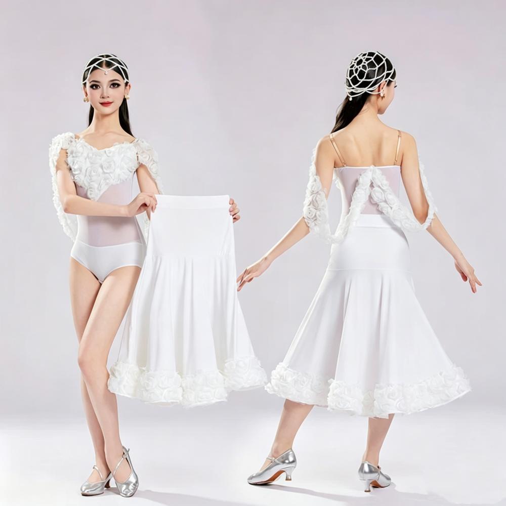 Girls Ballroom Dance Dress 3D Rose Flowers Pink White Waltz Tango Stage Performance Gown
