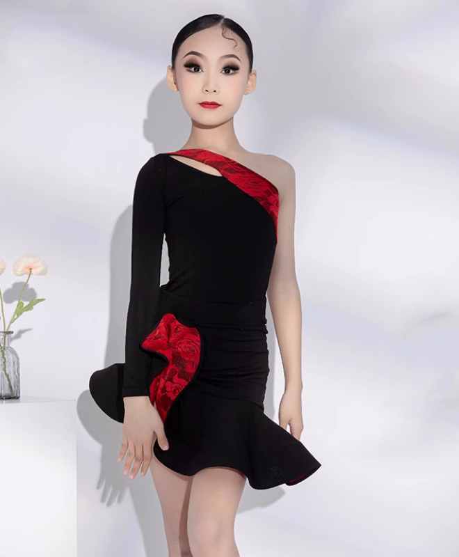 Black Red Lace One Shoulder Latin Dance Dresses for Girls Kids Slant Neck Long Sleeves Salsa Rumba Chacha Professional Clothes - Moderndancedress.com