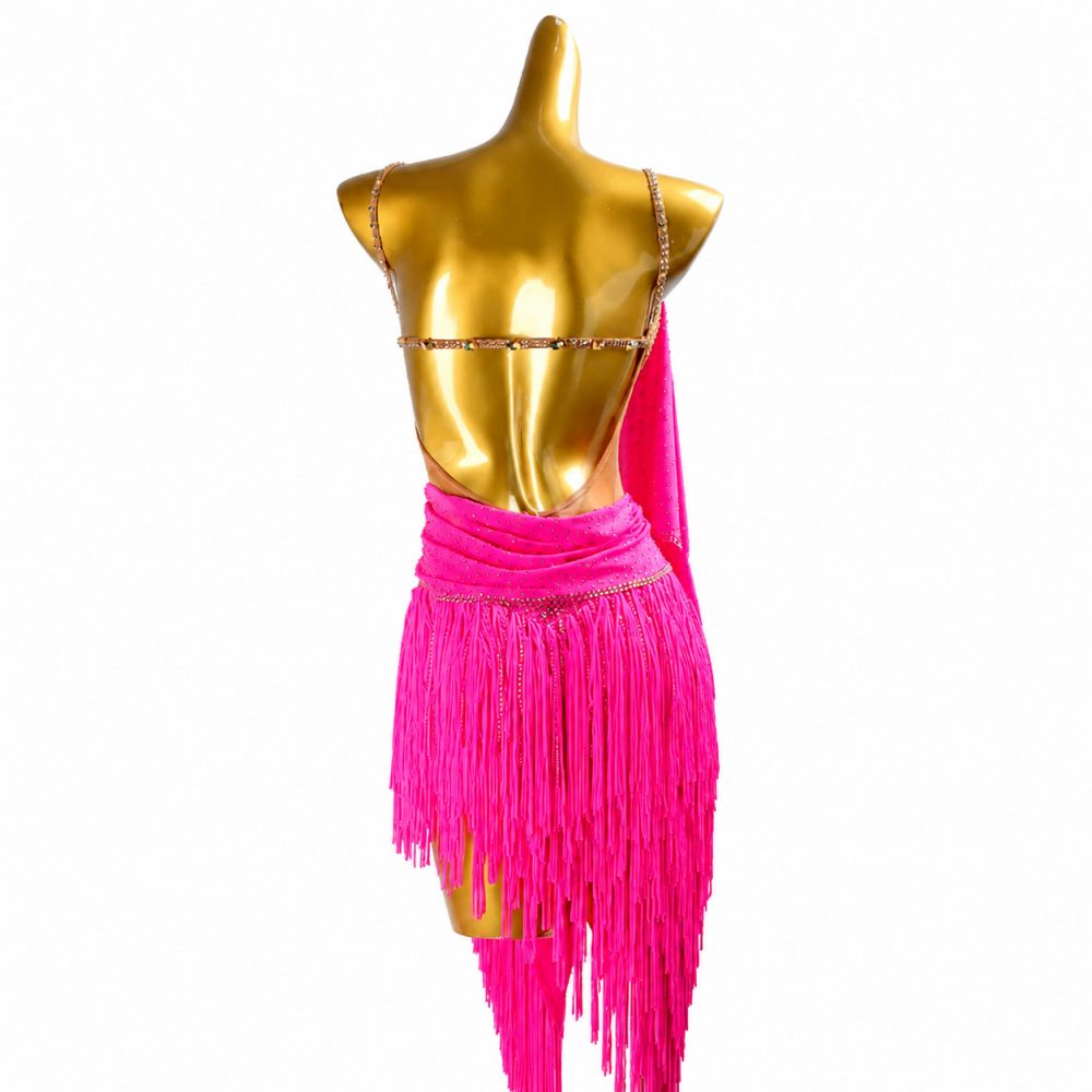 Custom Turquoise Rhinestone Latin Dance Dress with Fringe & Drape