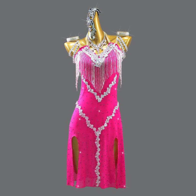 Custom Size Hot Pink Latin Dance Competition Dress with Silver Lace Appliques Fringe