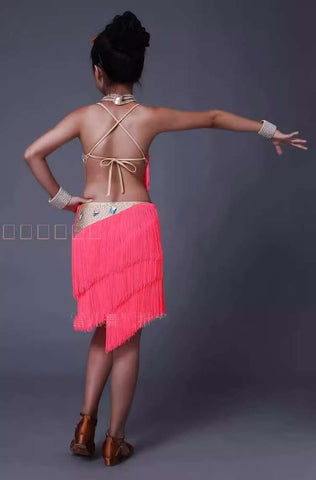 Children Coral yellow fringe competition Latin dance dresses for girls kids tube beads gemstones salsa rumba chacha dance outfits - Moderndancedress.com