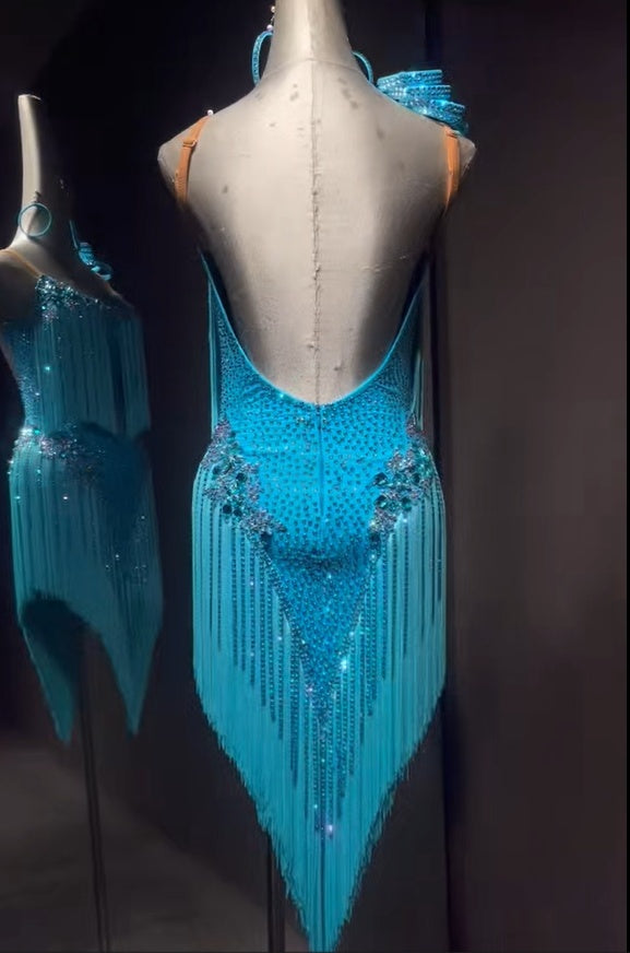 Custom Size Turquoise Fringe Latin Dance Dress with Sparkling Crystals