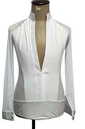 Custom Navy Blue Men's Latin Dance Shirt - Rhinestone Ballroom Leotard