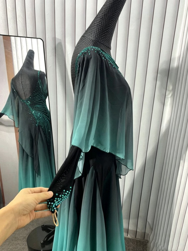 Custom Emerald Ombre American Smooth Ballroom Dress Crystal Competition Gown