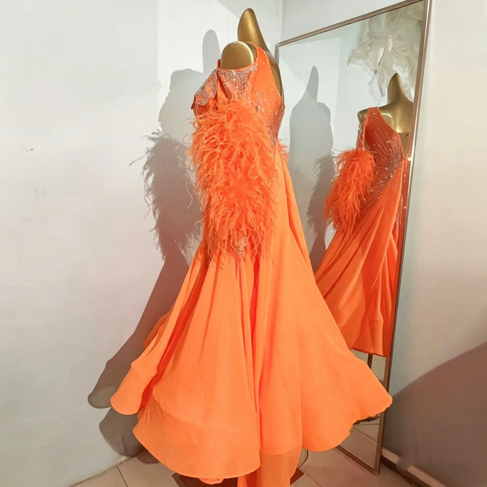 Custom Size Orange Feather Ballroom Dance Dress - Professional Waltz Competition Gown