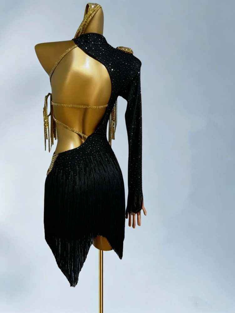 Custom Size Competition Black with Gold Fringe Latin Dress Salsa Rumba Chacha Red Dance Costumes