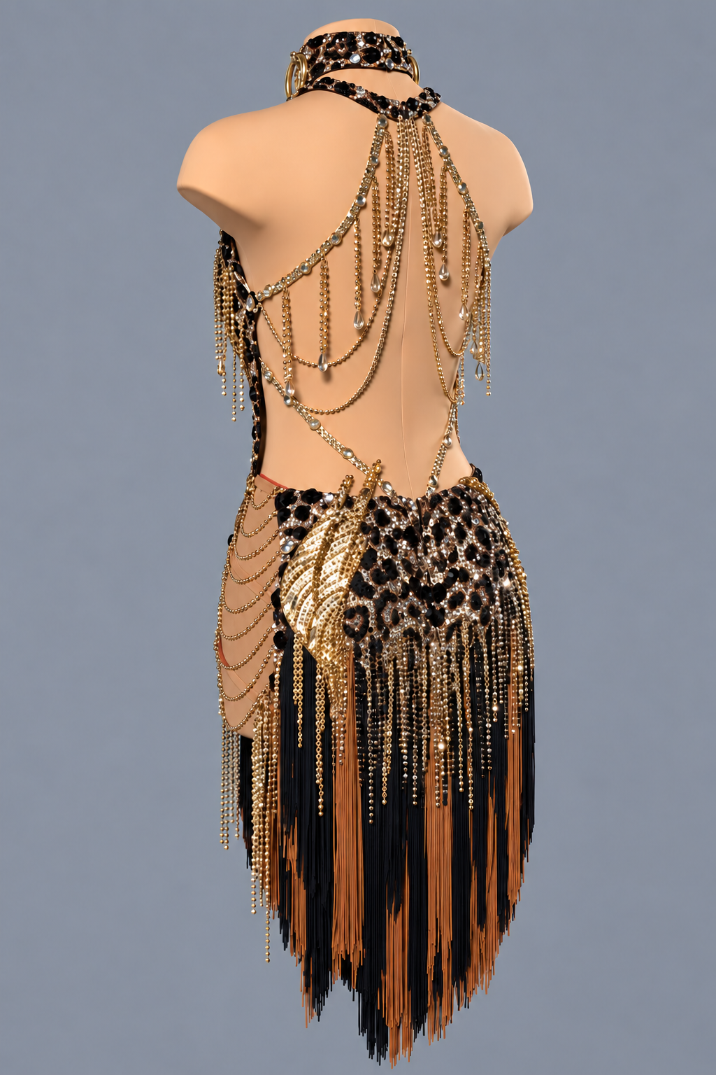Custom Black & Gold Leopard Latin Dance Dress Competition Salsa Blackpool Dance Gown