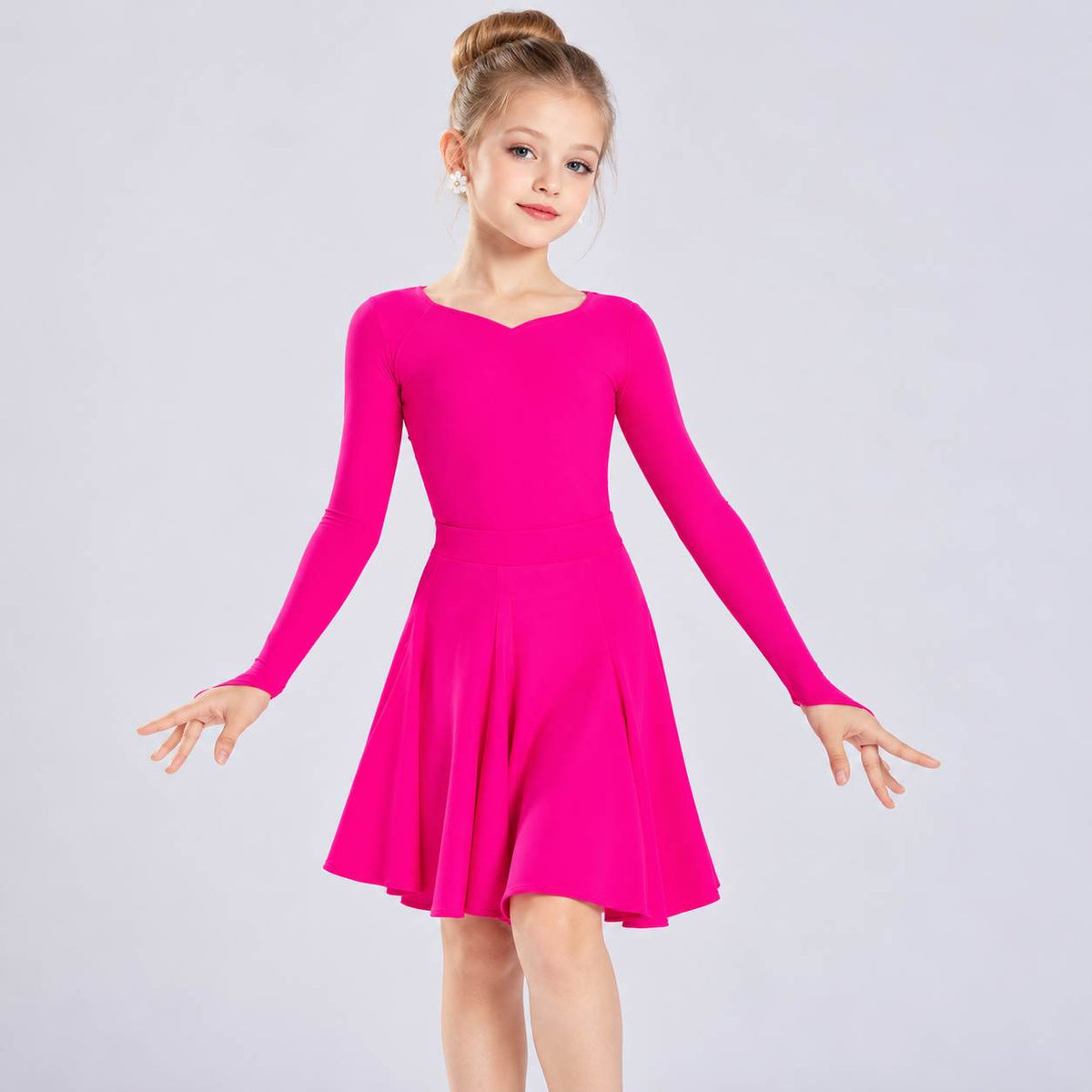 Fuchsia Girls Latin Dance Dress - Kids Long Sleeve Ballroom Wear