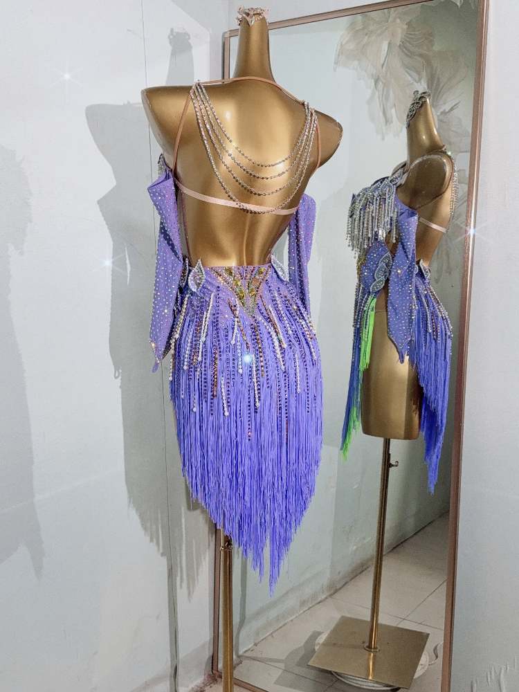 Custom Size Purple Competition Latin Dance Dresses for Women Girls Salsa Rumba Chacha Bling Dance Wear