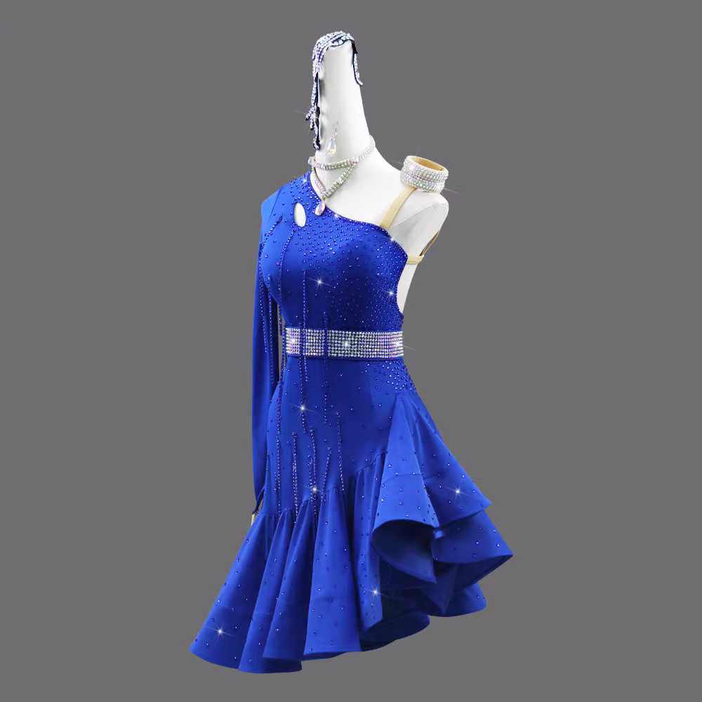 Custom Size One Shoulder Competition Latin Dance Dresses Sparkling Fringe Blue Red Black Salsa Rumba Latin Dancing Costumes for Women Girls Kids - Moderndancedress.com