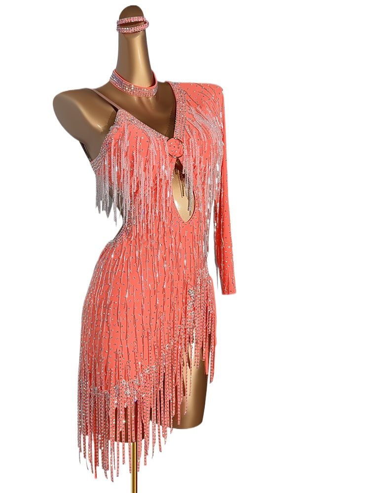 Custom Size Orange Pink Competition Fringe Latin Dance Dresses for Women Girls Salsa Rumba Blackpool Dance Wear - Moderndancedress.com