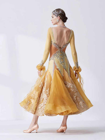 Custom Size Gold Competition Ballroom Dance Dresses for Women Girls Waltz Tango Rhythm National Dance Long Gown