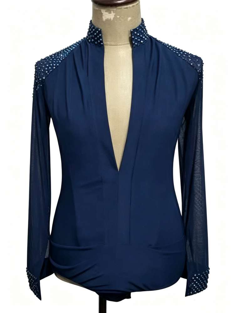 Custom Navy Blue Men's Latin Dance Shirt - Rhinestone Ballroom Leotard