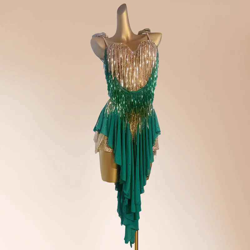 Custom Size Leopard Dark Green Competition Latin Dance Dresses Salsa Rumba Blackpool Dance Costumes