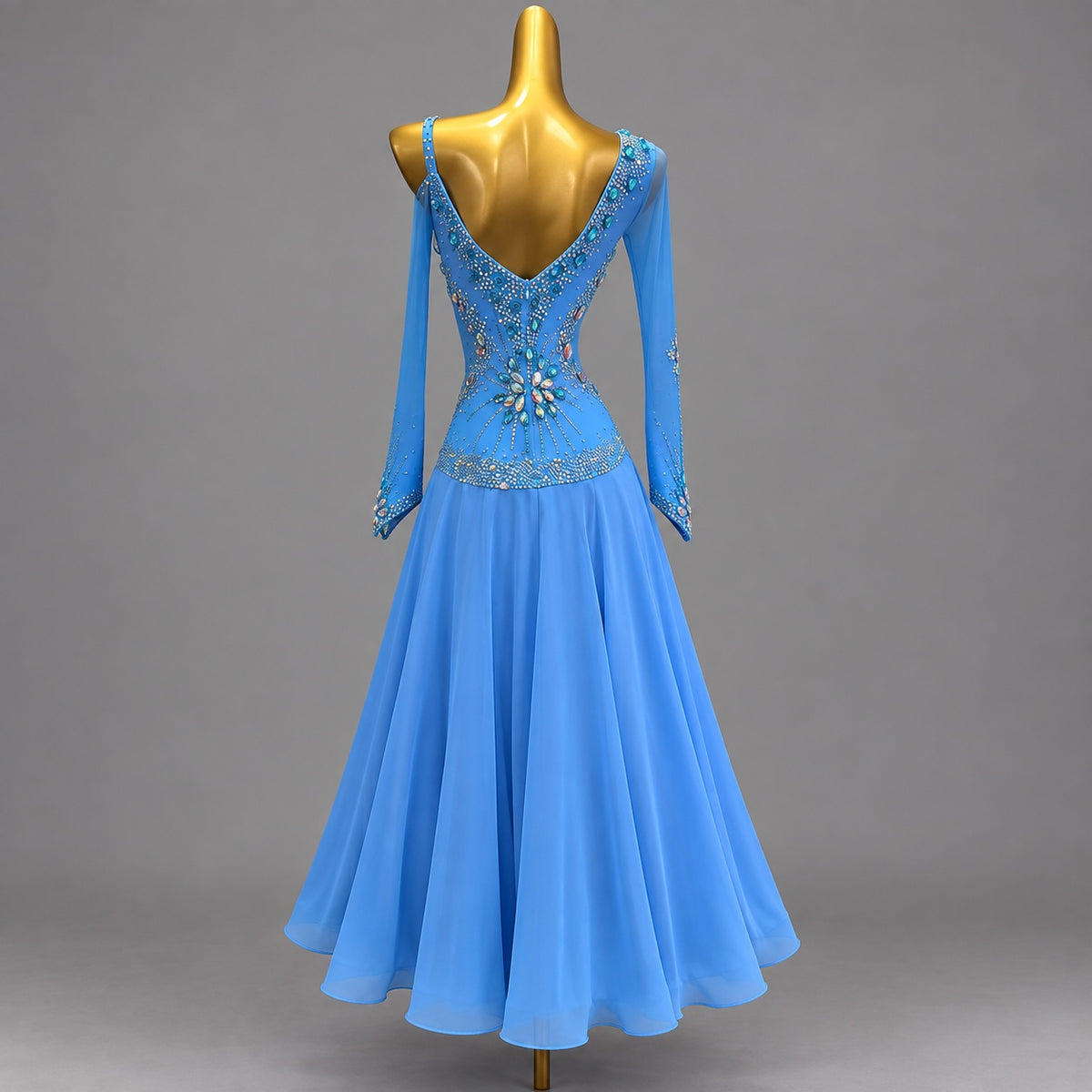 Custom Blue Starburst Rhinestone American Smooth Ballroom Dance Dress One Shoulder