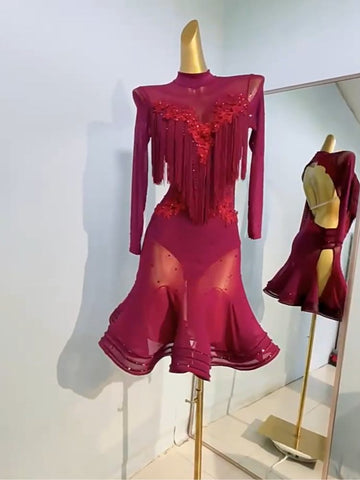 Custom Size Wine Fringe Rhinestones Latin Dance Dresses For Women Girls Salsa Rumba Chacha Performance Costumes Latin Dance Dresses