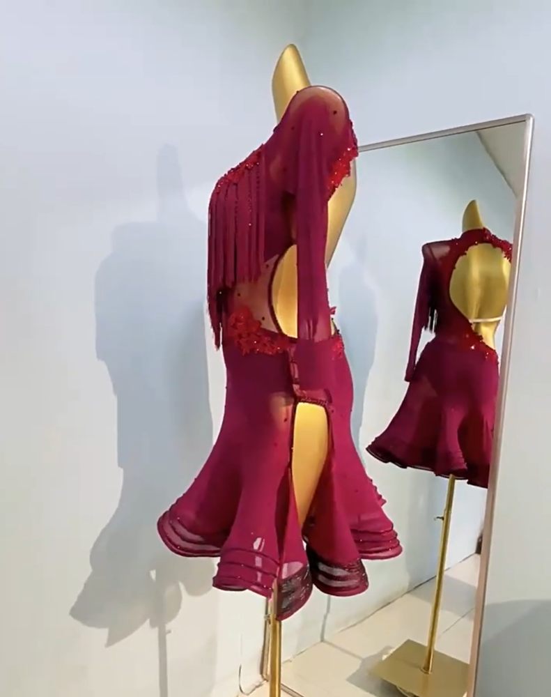 Custom Size Wine Fringe Rhinestones Latin Dance Dresses For Women Girls Salsa Rumba Chacha Performance Costumes Latin Dance Dresses