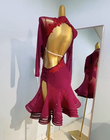 Custom Size Wine Fringe Rhinestones Latin Dance Dresses For Women Girls Salsa Rumba Chacha Performance Costumes Latin Dance Dresses
