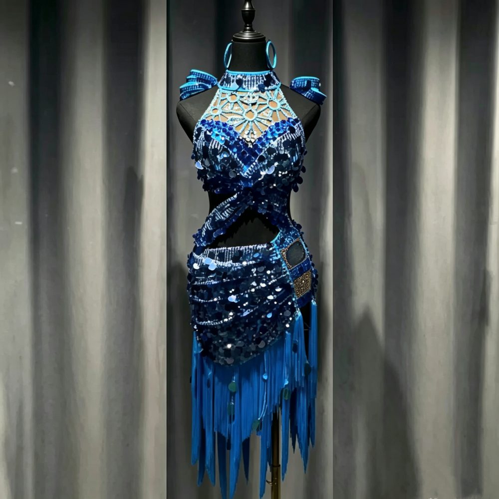 Custom Blue Sparkling Sequin Latin Dress Handmade Crystal Beaded Salsa Costume