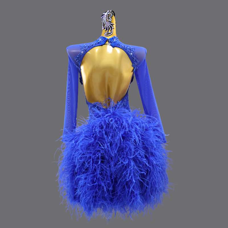 Custom Size Competition Latin Dance Dresses for Women Girls Feather Blue Black Salsa Rumba Chacha Dance Costumes