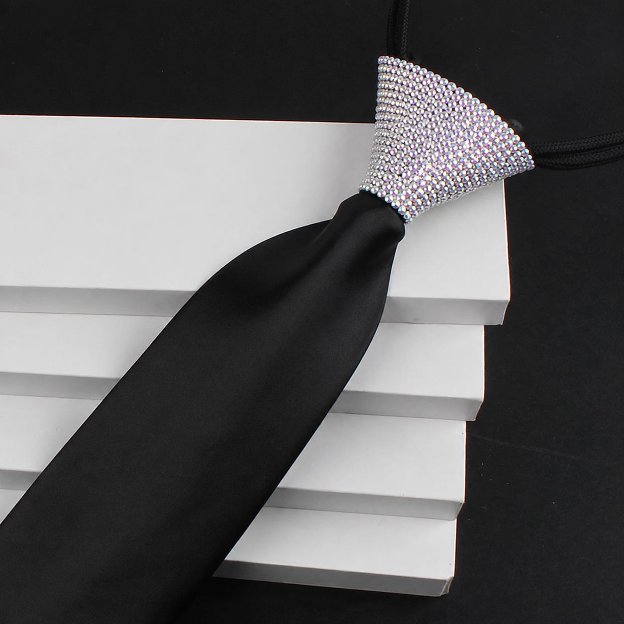 Crystallized Rhinestone Ballroom Dance Tie - Adjustable Men's Zipper Necktie