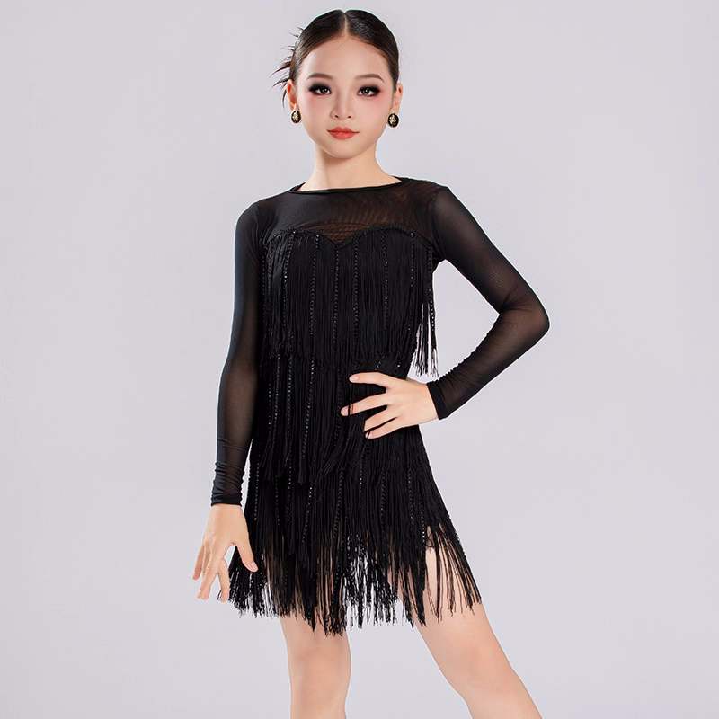 Girls Latin Dance Dresses Blue Red Black Fringe Salsa Rumba Chacha Ballroom Performance Costumes for Kids