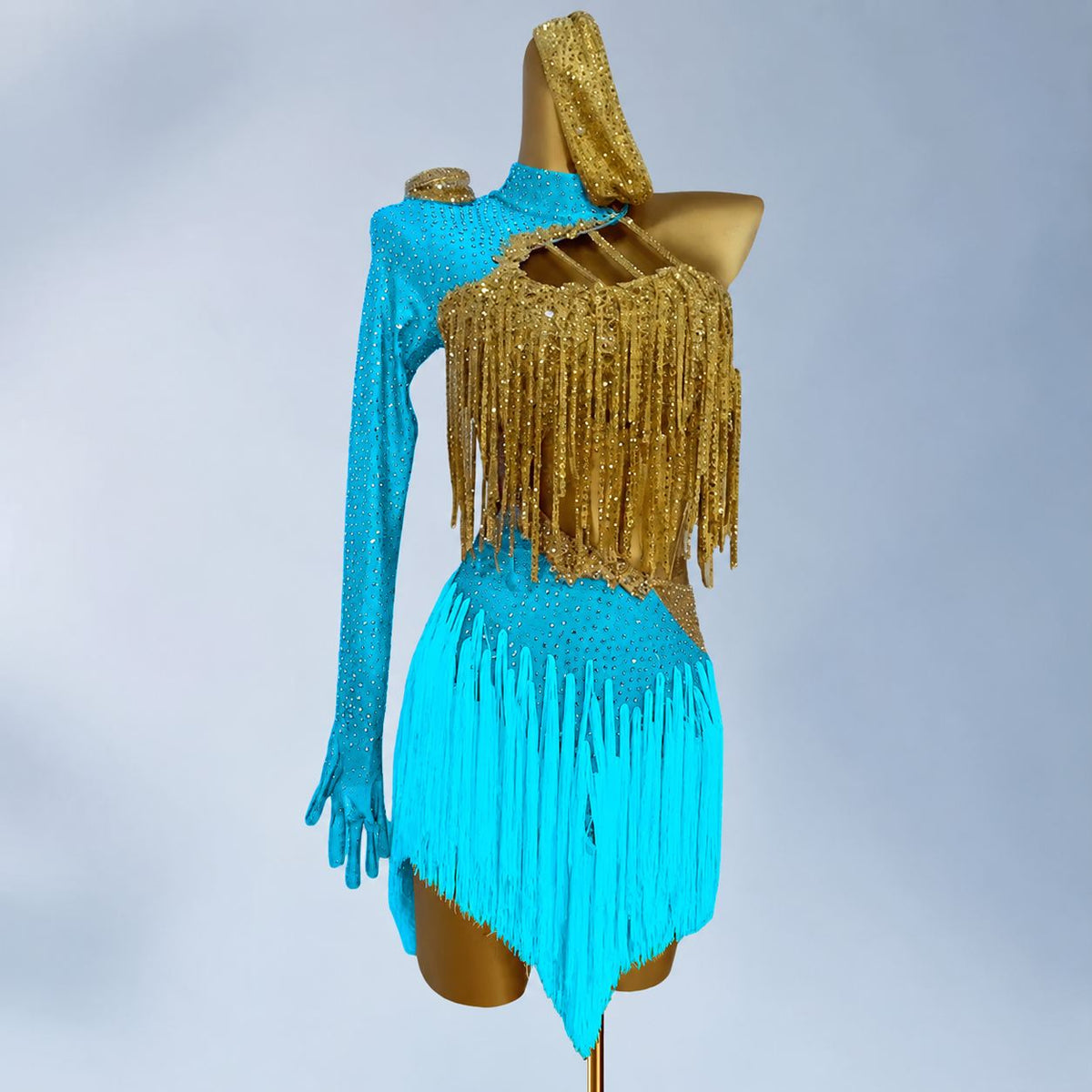 CustomTurquoise & Gold Fringe Latin Dance Dress Bling Salsa Chacha Dance Gown