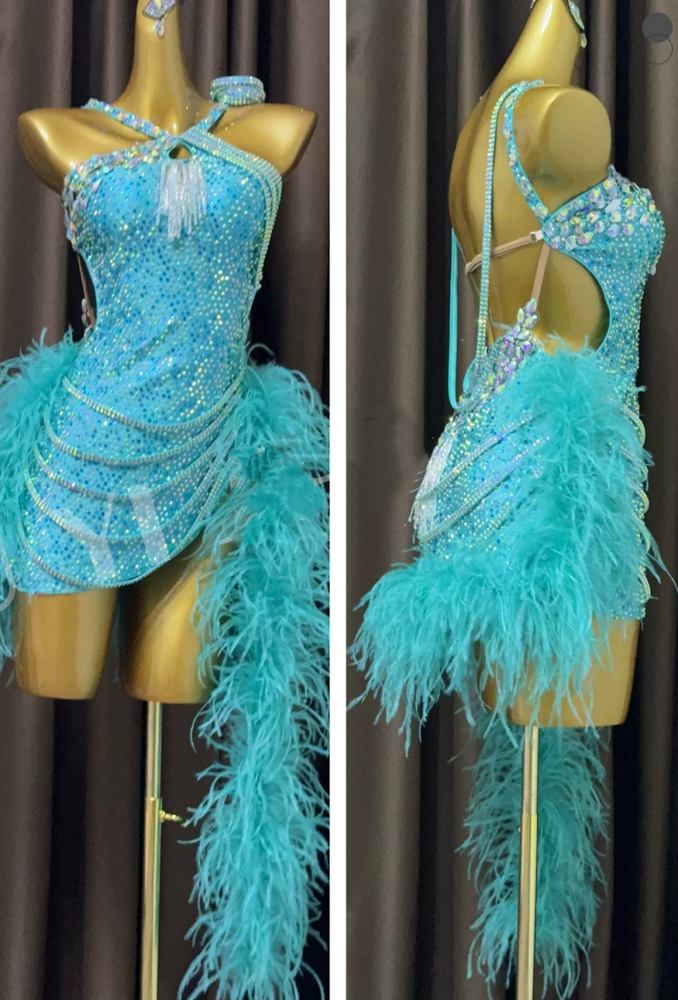 Custom Turquoise Latin Dance Dress with Crystals & Feathers