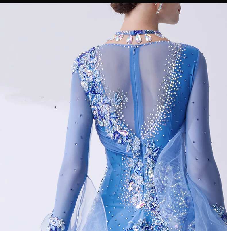 Custom Size Blue Competition Ballroom Dance Dresses for Women Rhythm Smooth Foxtrot Dance Long Swing Skirts - Moderndancedress.com