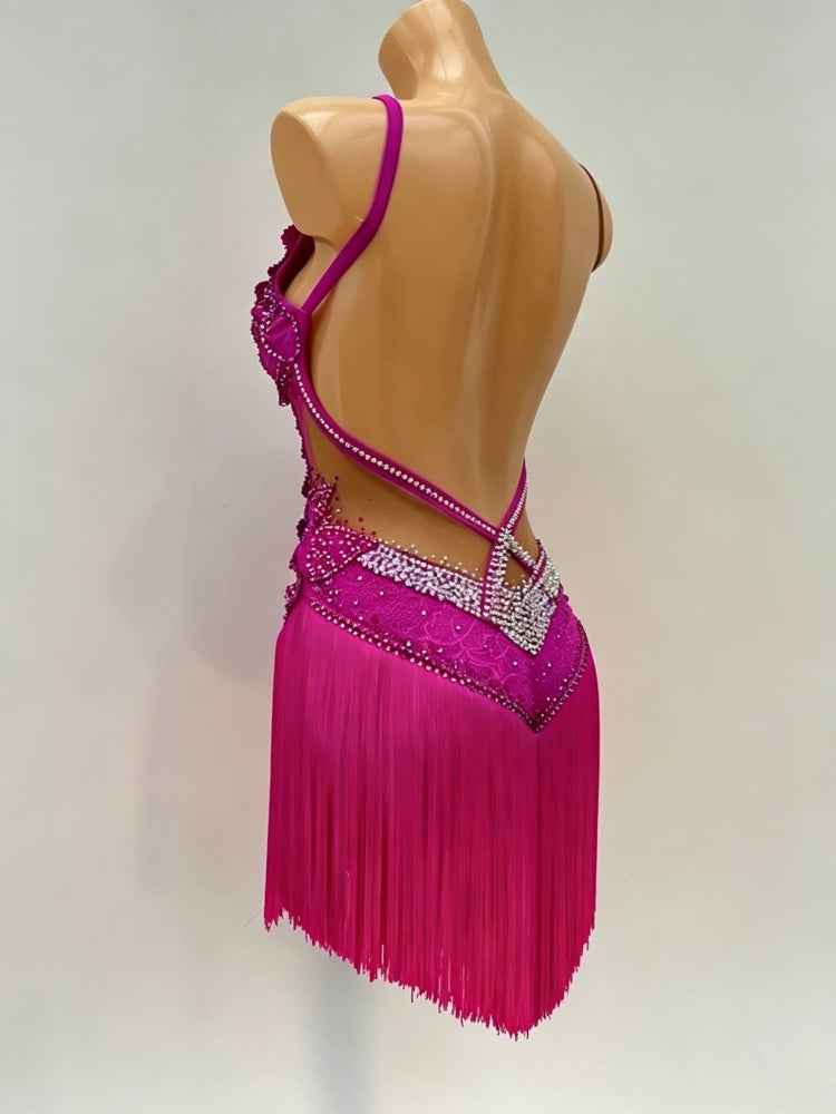Custom Magenta Latin Competition Dress - Asymmetric 3D Floral & Crystal Fringe Gown