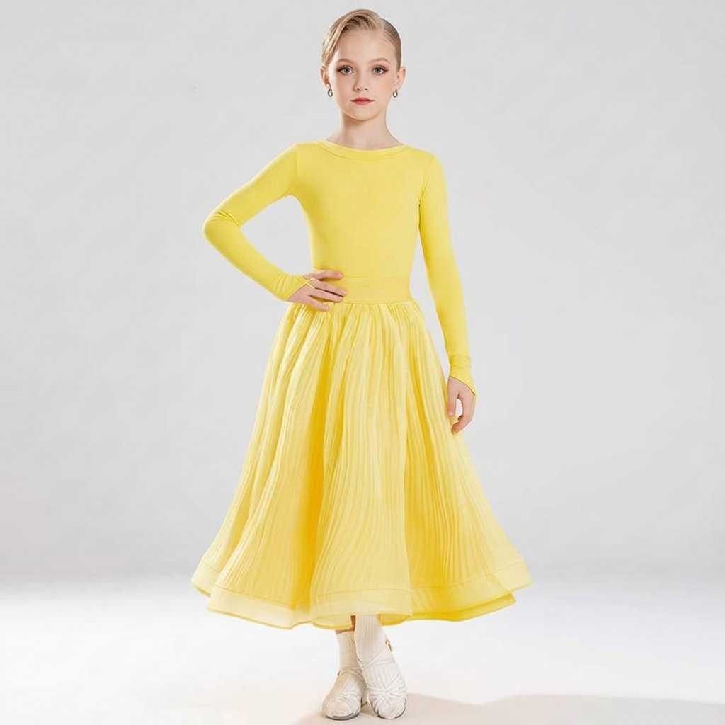 Kids Yellow Long Sleeve Latin Ballroom Dance Dress for Girls  Juvenile Waltz Tango Competition Gown