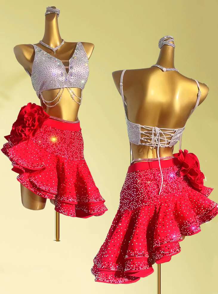Custom size Red rhinestones Latin dance dresses for girls kids women competition salsa samba performance outfits art test dancing clothes - Moderndancedress.com