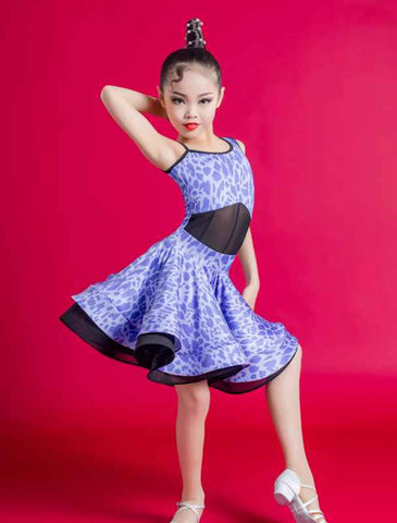 Latin Dance Dress for Girls Slant Neck Blue Purple Leopard Print Salsa Chacha Rumba Performance Costumes Split Set Party Dancing Outfits for Kids - Moderndancedress.com